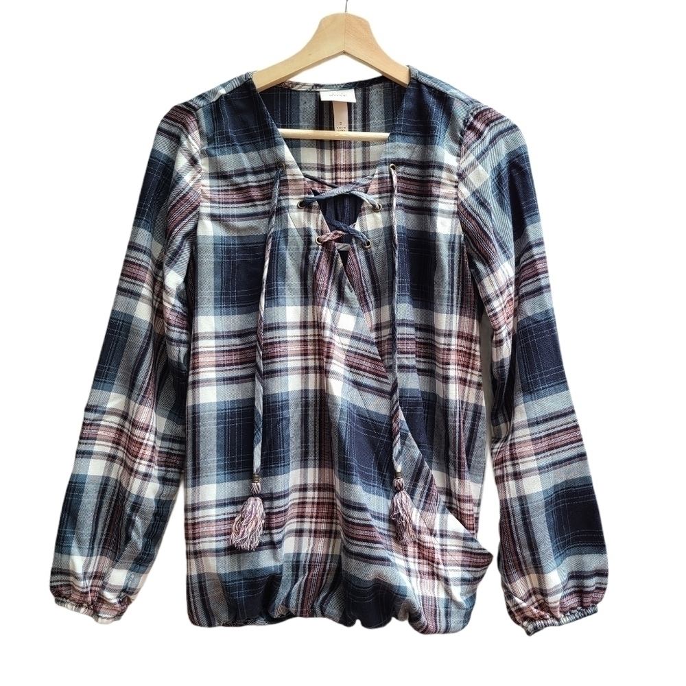 Knox Rose Plaid Faux Wrap Blouse Lace Up Boho Peasant Top Navy Pink Small
